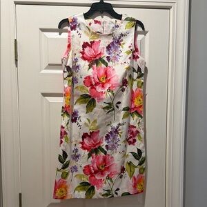 Floral Sleeveless Midi Dress in White with Pink Blooms